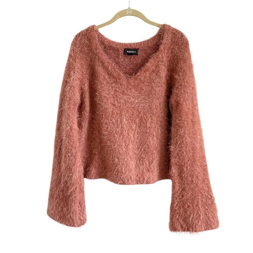 4SI3NNA Pink V-Neck Eyelash Sweater Bell Sleeves Fluffy Knit Cozy Fuzzy Med Y2K - Picture 6 of 14